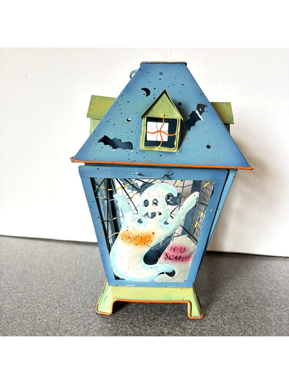 Vintage 2001 Halloween Tealight Candle Lantern Spooky Metal Cage Blue